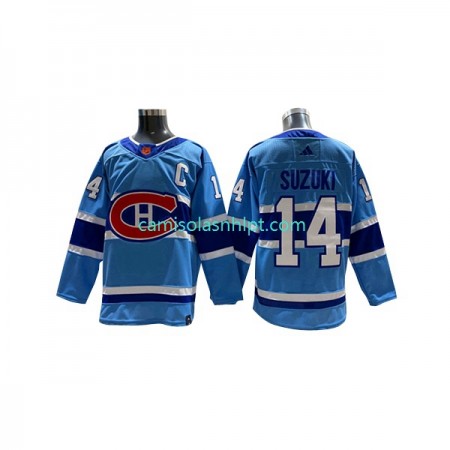 Camiseta Montreal Canadiens Nick Suzuki 14 Adidas 2022-2023 Reverse Retro Azul Authentic - Homem